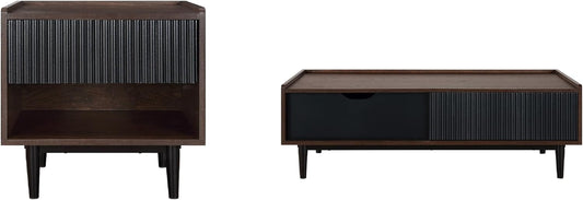 Manhattan Comfort Duane Mid Century Modern Ribbed Nightstand and Coffee Table with Storage, Living Room Furniture with Cabinet, Shelves and Iron Metal Feet, Set of 2, Black
