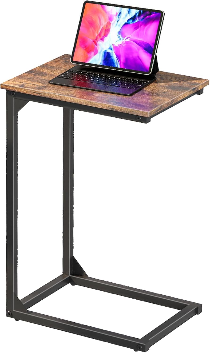 C-Shaped Side Table, C-Table for Sofa, Couch Table with Metal Frame, Large Surface Sofa Table for Living Room（Brown）