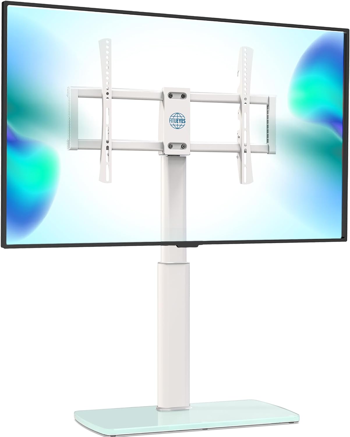 FITUEYES Universal TV Stand, Swivel TV Table Stand for 43 50-65 70 75 80 85Inch Flat Screen, Table Top TV Stand Base Replacement, Height Adjustable TV Mount Stand, Glass Base, Max Holds 110lbs