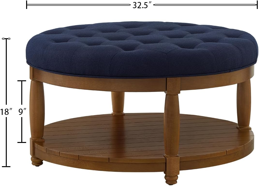 24KF Upholstered Round Coffee Table with Wooden Shelf, Tufted Button Large Round Ottoman with Spindle Wooden Legs, Linen Large Footrest Ottoman Pouf for Living Room, Navy Blue