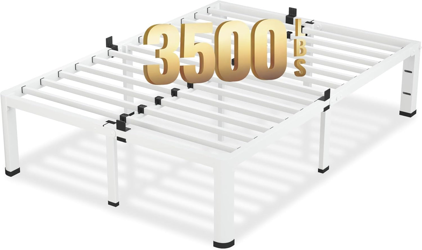 18 Inch Full Size White Bed Frame, 3500Lbs Heavy Duty Metal Platform with Round Corner Legs Mattress Slide Stopper, Steel Slat Support No Box Spring Needed, Noise Free, Non-Slip, Easy Assembly