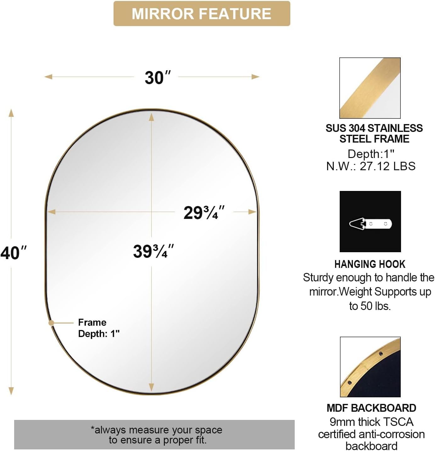 ANDY STAR Brass Bathroom Mirror for Wall, 30x40 Gold Oval Mirrors for Bathroom, Brass Oval Mirrors, Pill Shaped Mirror, Large Vantiy Mirror Stainless Steel 1’’ Deep Hang Vertically & Horizontally