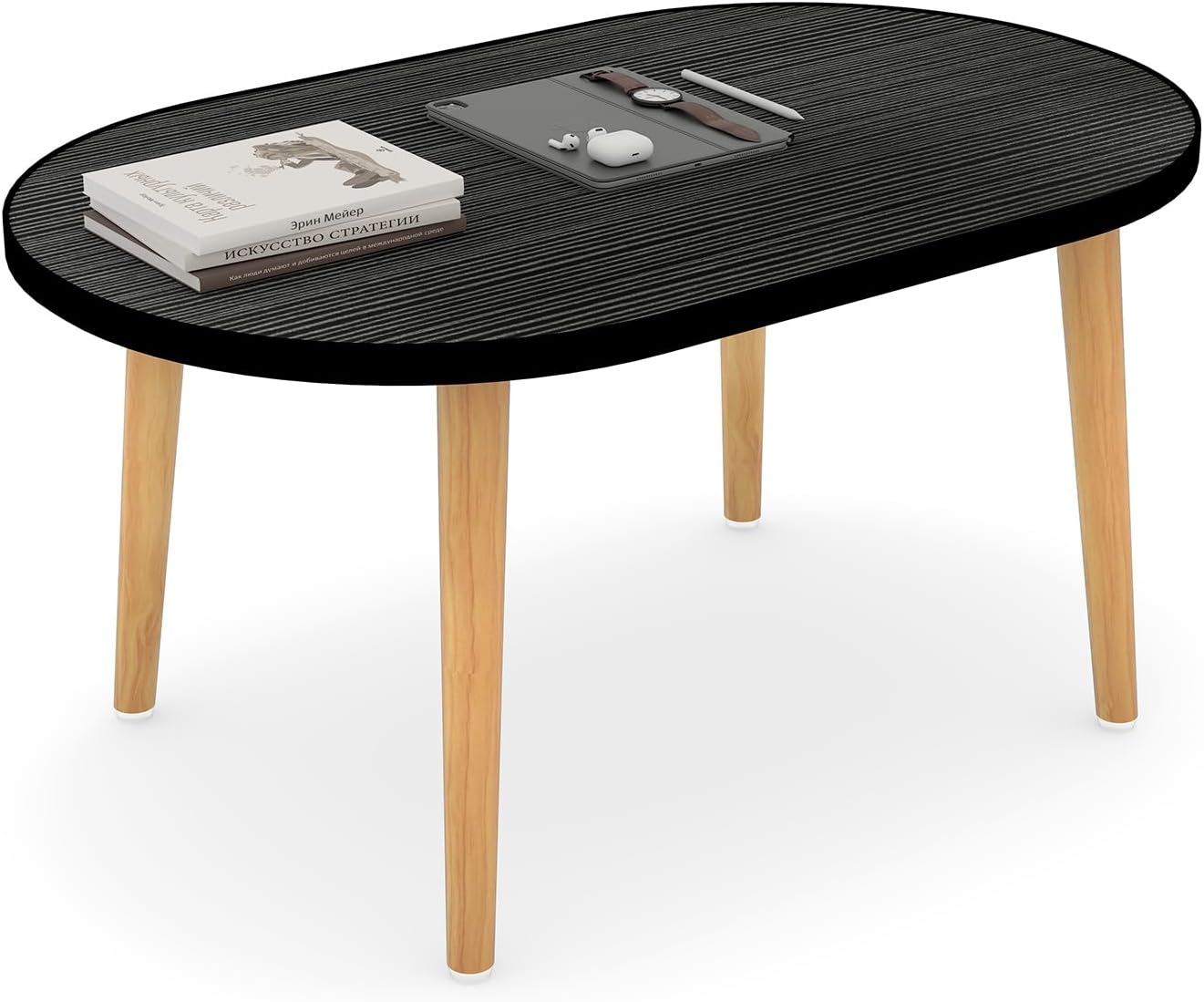 Oval Coffee Table Low Table with 4 Solid Wood Sturdy Legs, Floor Table Desk for Sitting on The Floor, Storage and Living Room Furniture (Black)