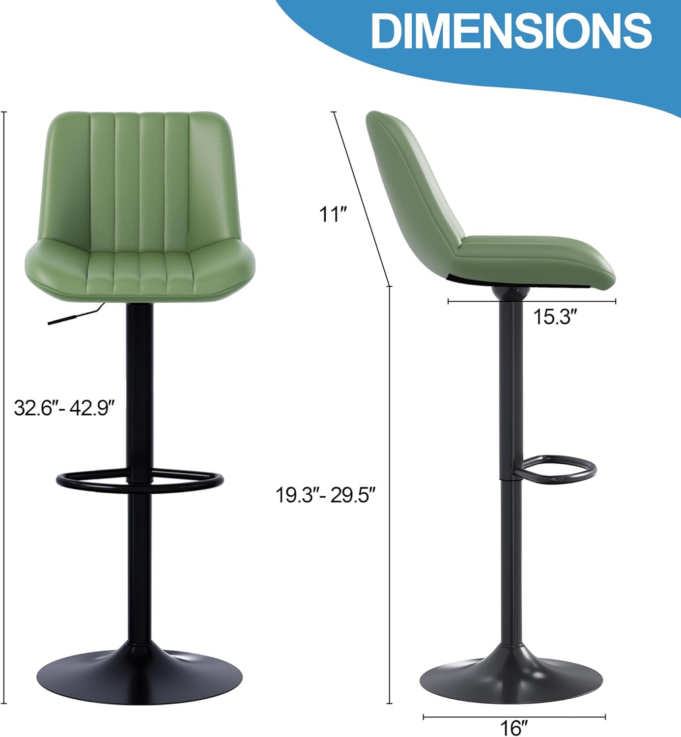Shintenchi Swivel Bar Stools Set of 2, Adjustable Faux Leather Upholstered Swivel Counter Stools, Armless Bar Height Island Chairs with Back and Footrest, Green