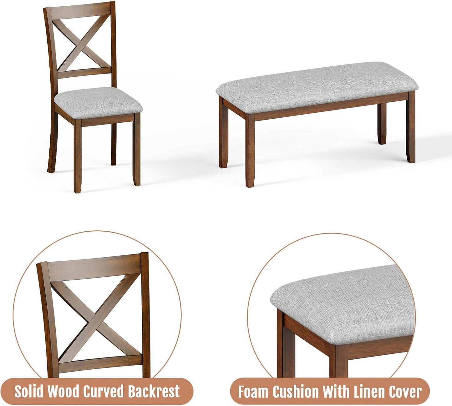 6-Piece Solid Wood Dining Table Set, Including 1 Dining Table, 4 Upholstered Chairs and 1 Bench, Wooden Dining Table Set for Kitchen, Dining Room, Walnut