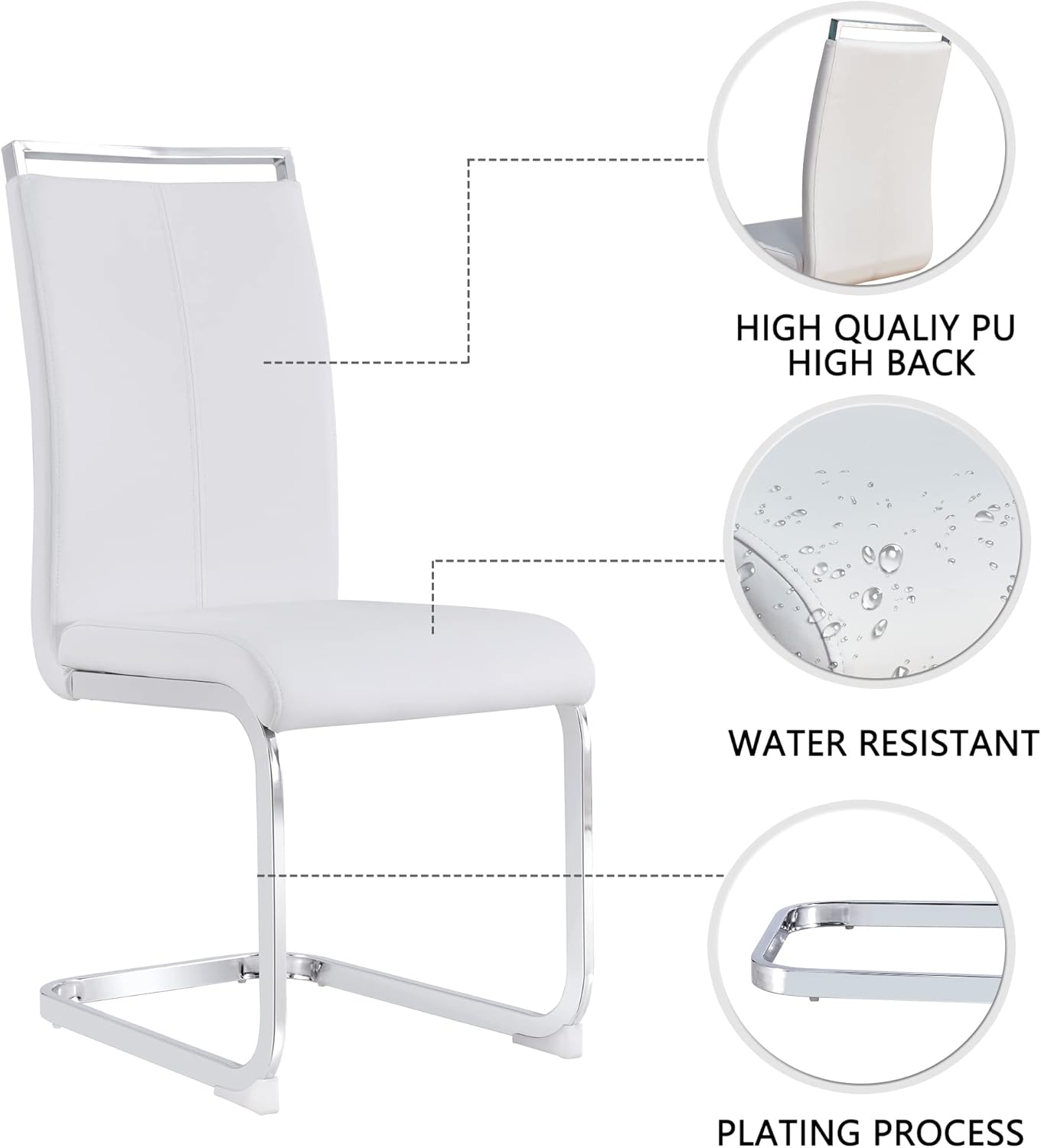 Dining Chairs Set, Kitchen Modern Metal Chairs with Faux Leather Padded Seat High Back and Sturdy Chrome Legs, Chairs for Dining Room (White, Set of 2)