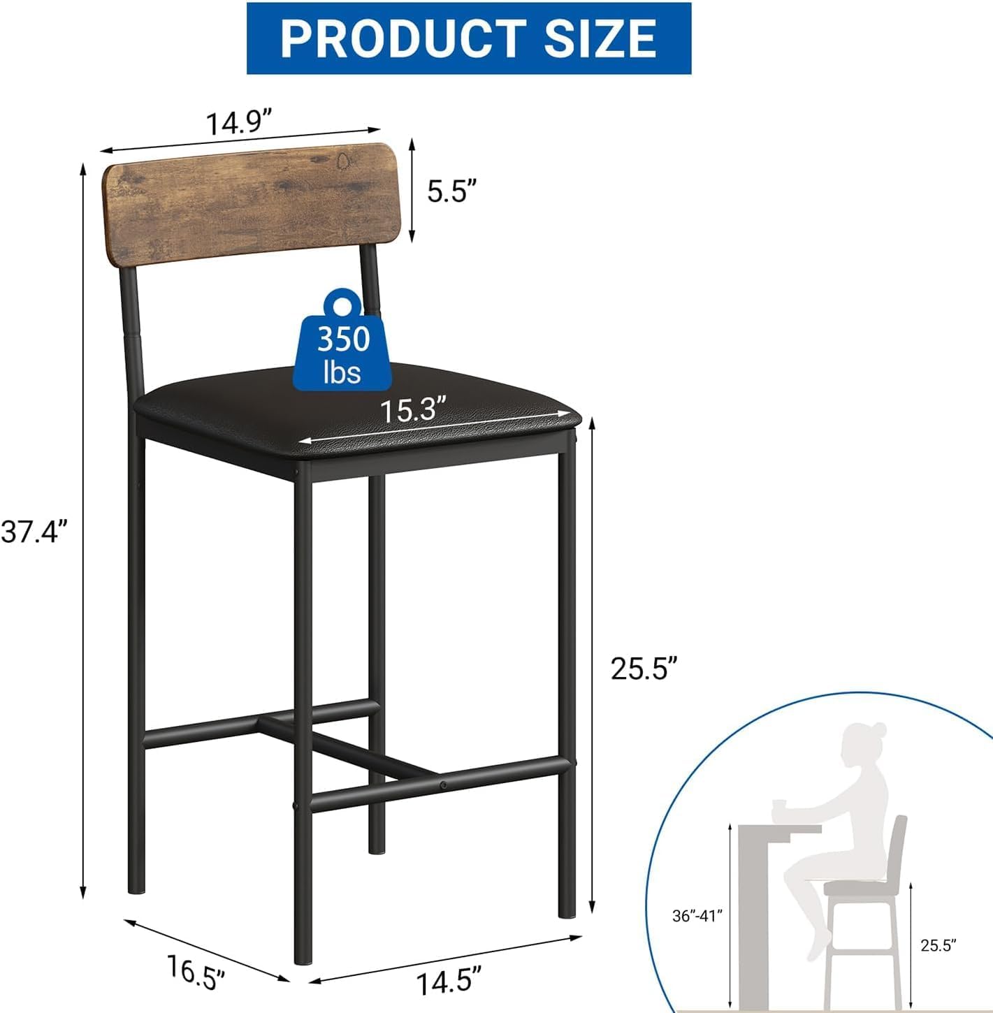 GarveeHome Bar Stools Set of 4, Upholstered Counter Height Bar Stools with Backrest and Footrest, Kitchen Barstools for Island, Counter Bar, Easy Assembly, Rustic Brown
