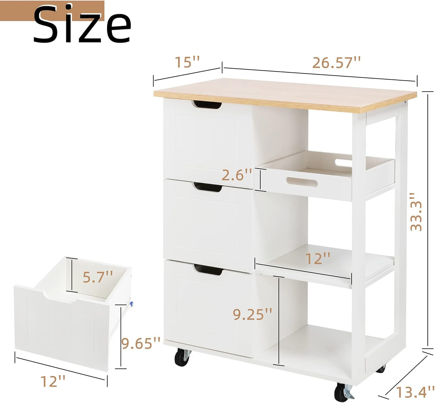 Shintenchi Kitchen Island Cart with Storage,Rolling Kitchen Island Storage Cabinet,Side Table on Wheels with Worktop,3 Open Shelves and 3 Drawers for Kitchen,Dinning Room, White