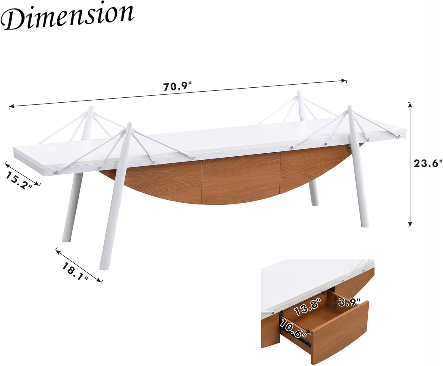 1 Tier Modern Boat-Shaped Bookshelf with Drawer, White & Brown, 70.9" Long Horizontal Low Shelf for Storage Display Decoration, Sturdy MDF & Metal Industrial Frame, for Living Room