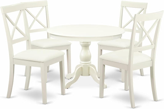 East West Furniture HBBO5-LWH-C 5 Piece Modern Dining Table Set Includes a Round Wooden Table with Pedestal and 4 Linen Fabric Kitchen Dining Chairs, 42x42 Inch, Linen White