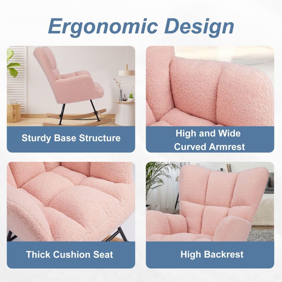 Nursery Rocking Chair, Boho Accent Ottoman, Teddy Upholstered Glider Rocker with High Backrest, Recliner Function and Foot Rest for Living Room, Small Spaces, Bedroom, Pink
