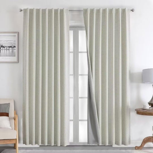Joydeco Natural Linen Curtains 84 inch Length 2 Panels Set Burg 100% Blackout Patio Door Curtain Room Darkening Sliding Door Curtains Thermal Insulated Back tab Rod Pocket(105x84 inch, Light Beige)