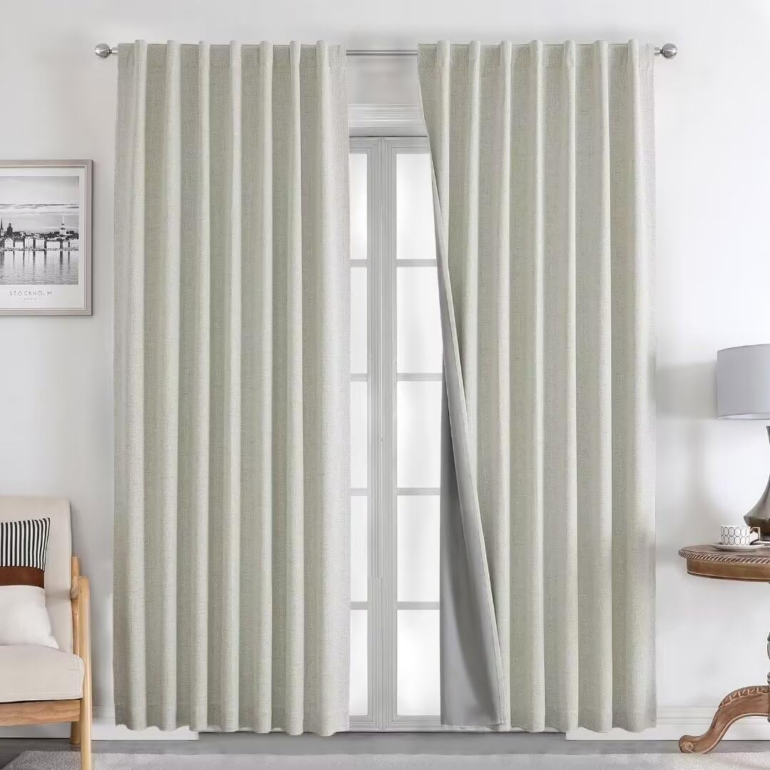 Joydeco Natural Linen Curtains 96 inch Length 2 Panels Set Burg 100% Blackout Patio Door Curtain Room Darkening Sliding Door Curtains Thermal Insulated Back tab Rod Pocket(105x96 inch, Light Beige)