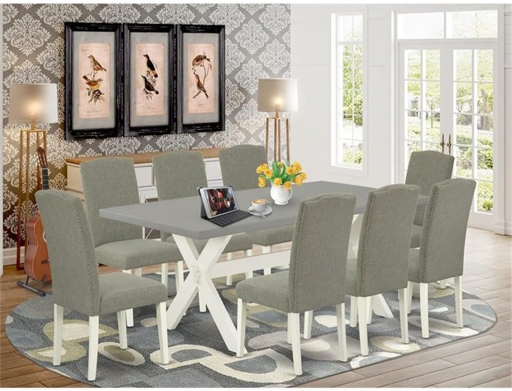 East West Furniture X097EN206-9 9 Piece Kitchen Table Set Includes a Rectangle Dining Table with X-Legs and 8 Dark Shitake Linen Fabric Parson Dining Chairs, 40x72 Inch, Multi-Color