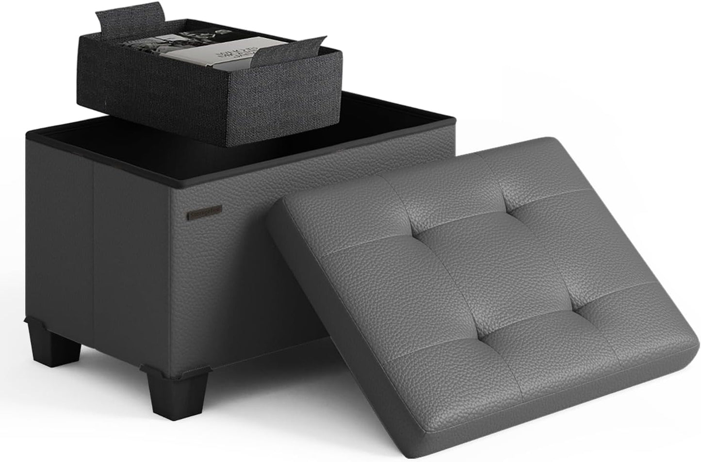 STORAGEBUD Storage Ottoman Cube with Small Bin, 16-in Square Ottoman with Storage for Living Room and Bedroom, Small Ottomans Foot Rest, Faux Leather Foot Stools Ottomans Max 330lbs, Grey