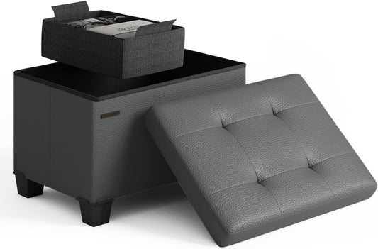 STORAGEBUD Storage Ottoman Cube with Small Bin, 16-in Square Ottoman with Storage for Living Room and Bedroom, Small Ottomans Foot Rest, Faux Leather Foot Stools Ottomans Max 330lbs, Grey
