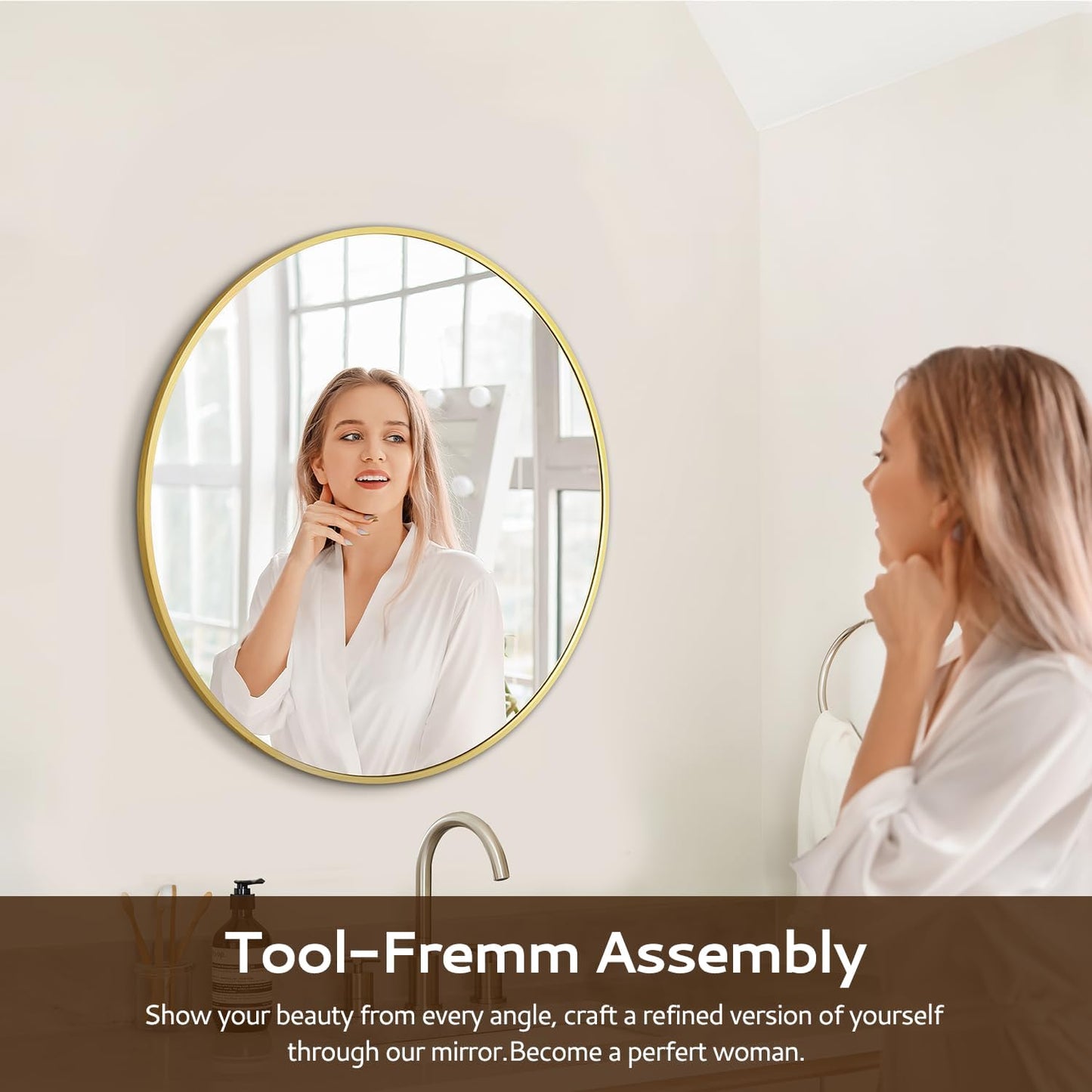 Round Mirror 24 Inch Gold Round Bathroom Mirror Wall Mirror Brushed Metal Frame Anti-Rust Tempered Glass for Bathroom Bedroom Entryway Living Room