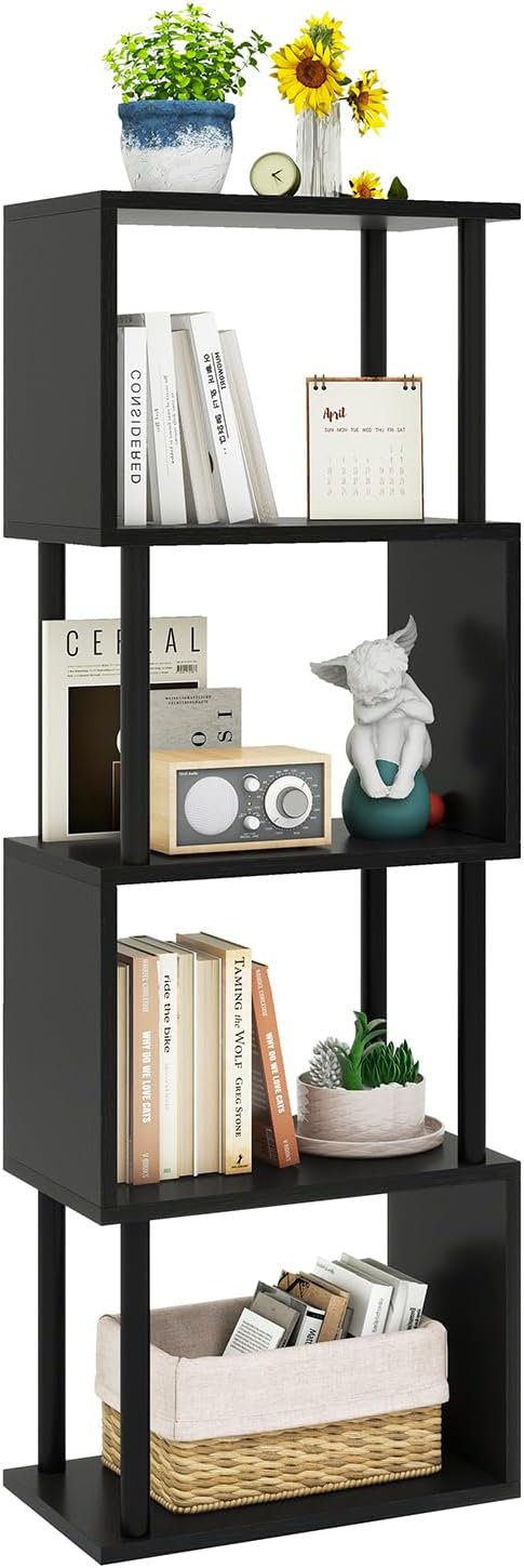 IBUYKE 5-Tier Tall Bookshelf,S-Shaped Geometric Bookcase, Wood Display Shelves with Storage,Modern Bookshelf for Living Room Bedroom, Home Office, Black WBC015B