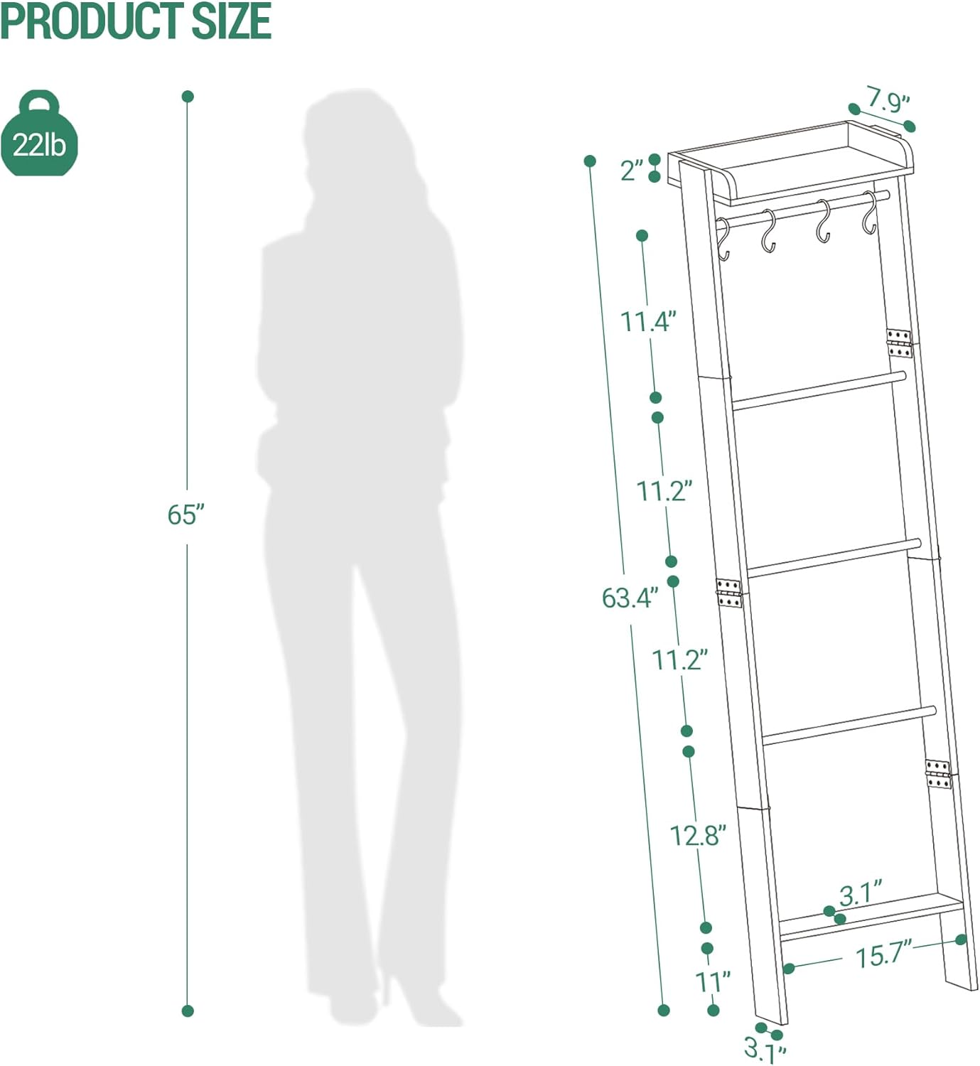 Blanket Ladder Shelf for Living Room, Decorative Quilt Rack with Storage Shelf, 6-Tier Farmhouse Ladder Holder Organizer with 4 Removable Hooks for Bedroom, Greige and Black BR35805B