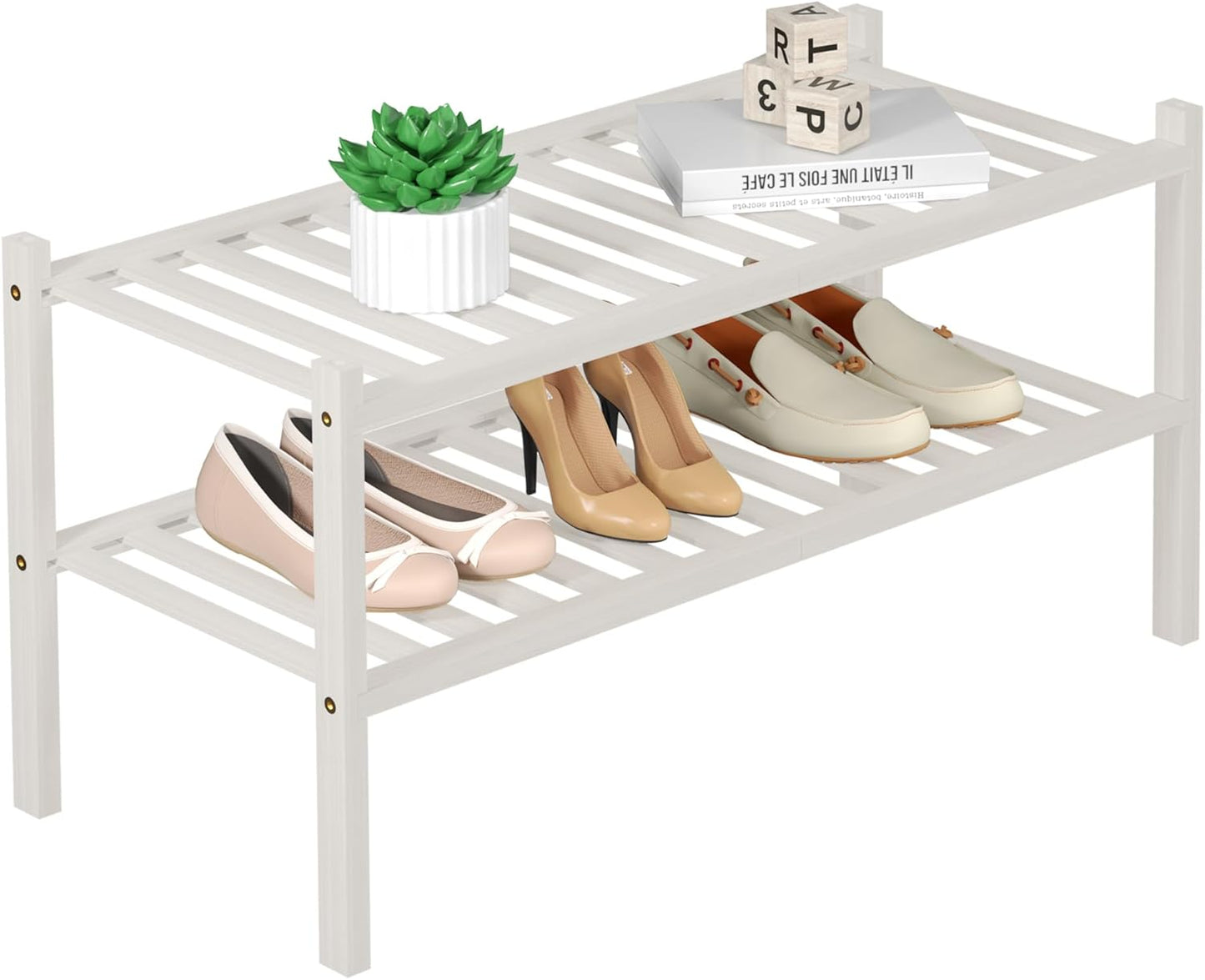 2 Tier Bamboo Shoe Rack for Closet Free Standing Wood Shoe Shelf for Entryway Small Space Stackable 27"x11"x13" (White)