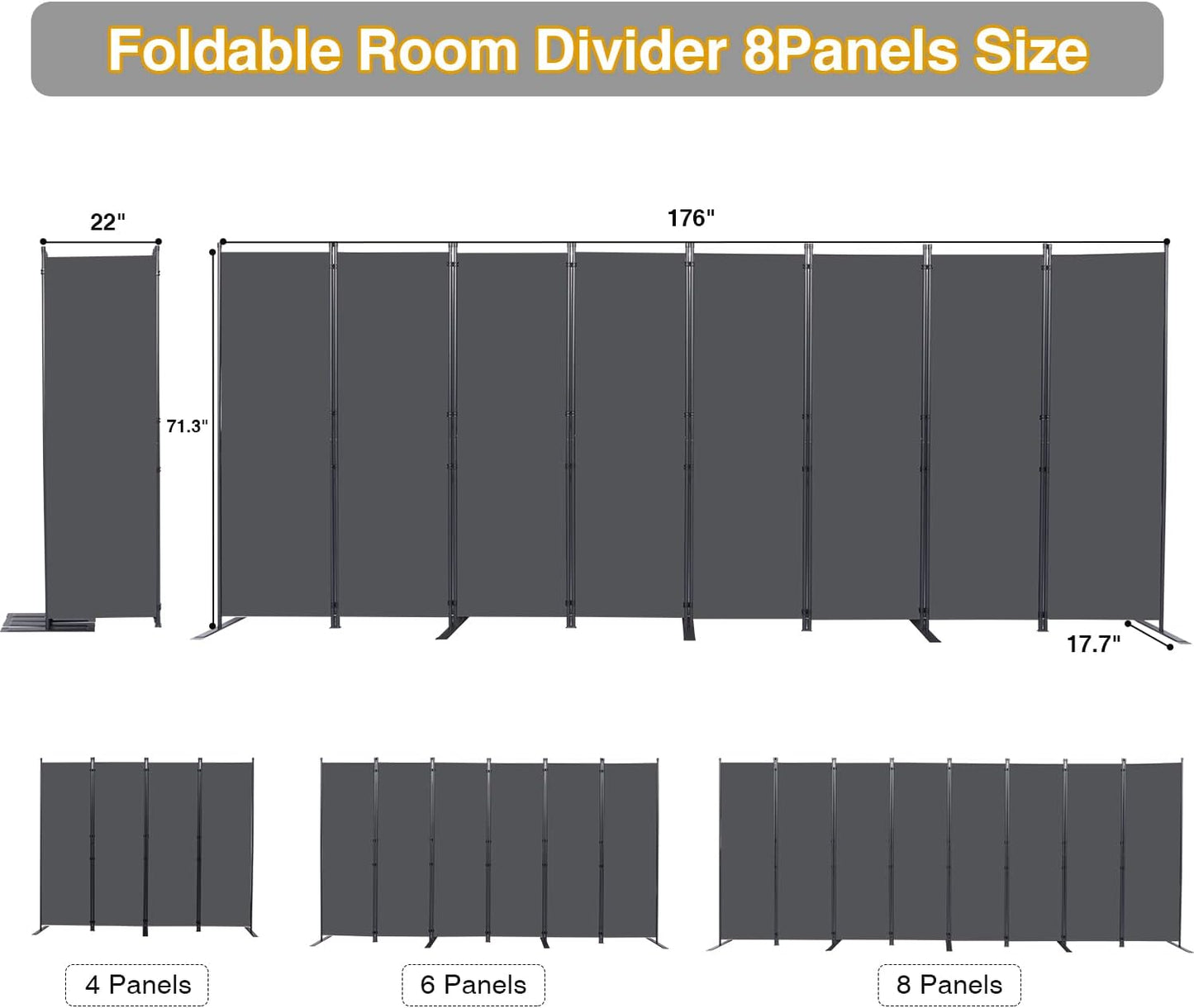 Room Divider, 8 Panel Folding Privacy Screens with Wider Support Feet, 6 Ft Portable Room Partition for Room Separator, 176" W X 71" H, Grey