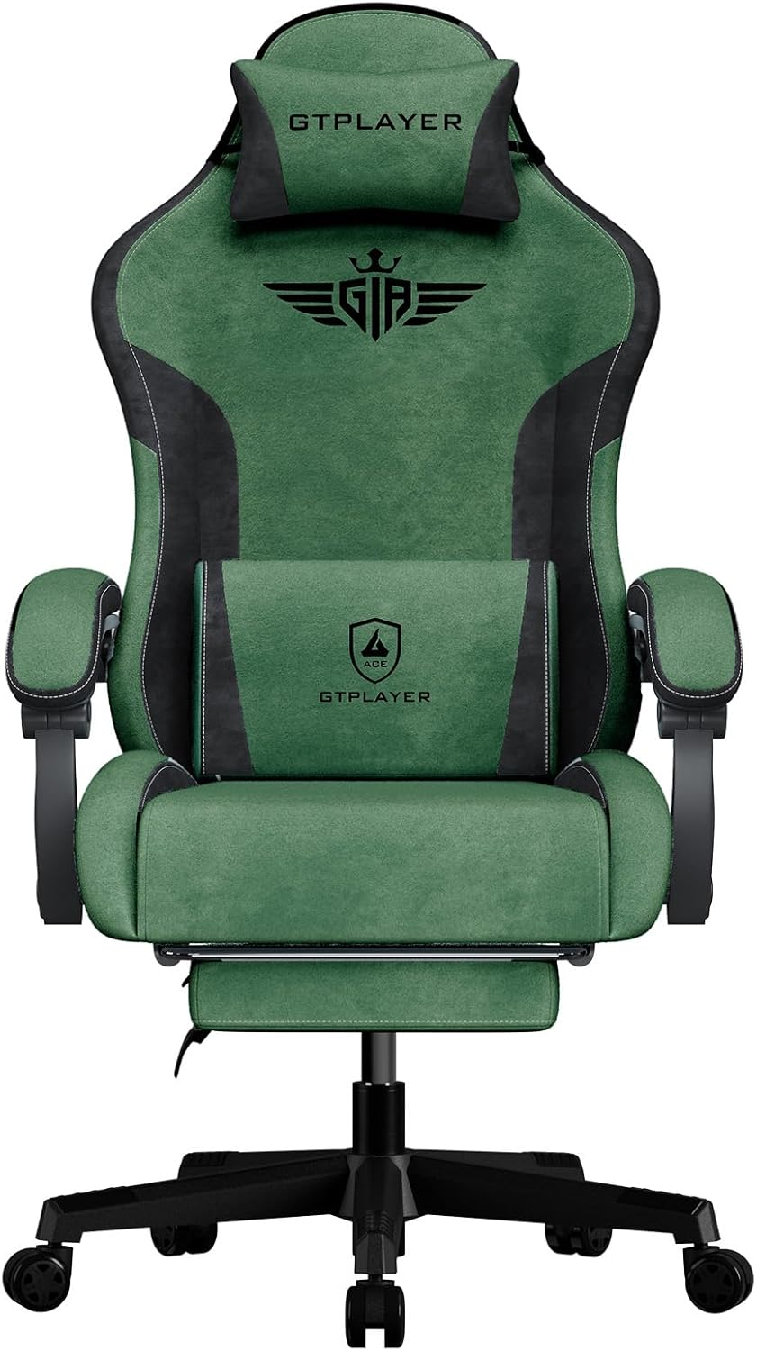 GTPLAYER Gaming Chair Fabric with Footrest, Big and Tall Game Chair High Back Computer Office Chair with Lumbar Support for Adults, Ergonomic Swivel Games Chair with Cushion Gaming Green