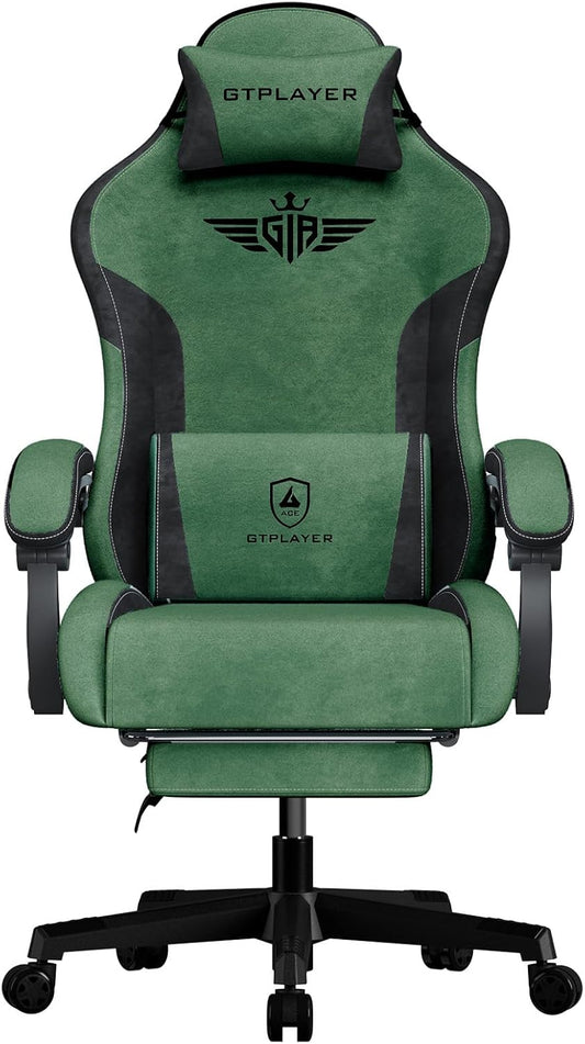 GTPLAYER Gaming Chair Fabric with Footrest, Big and Tall Game Chair High Back Computer Office Chair with Lumbar Support for Adults, Ergonomic Swivel Games Chair with Cushion Gaming Green