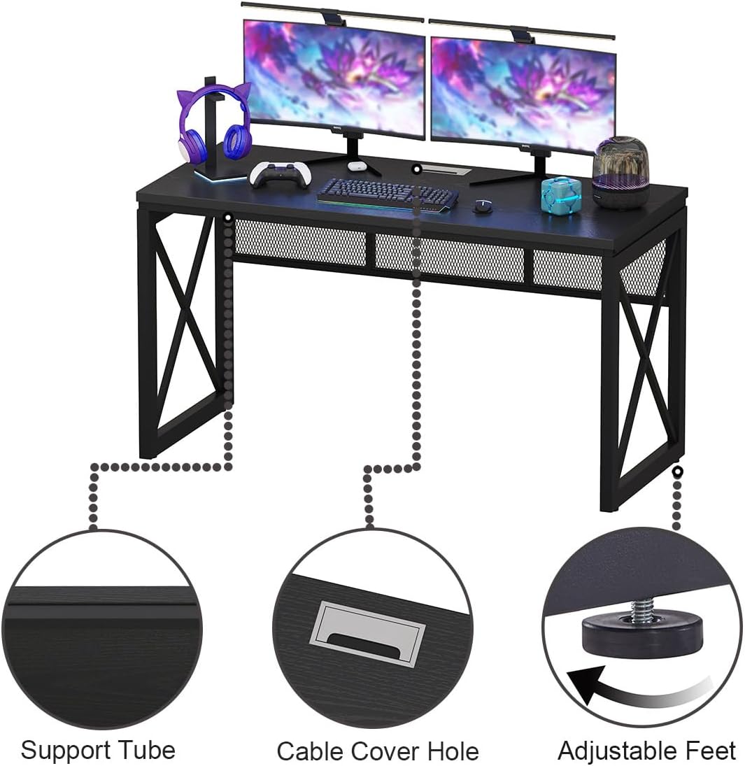 BON AUGURE Black Desk, Wood Computer Desk, Industrial Office Desks, Sturdy Writing Desks for Bedroom, Home Office, Living Room Study Workstation (Black, 54 Inch)