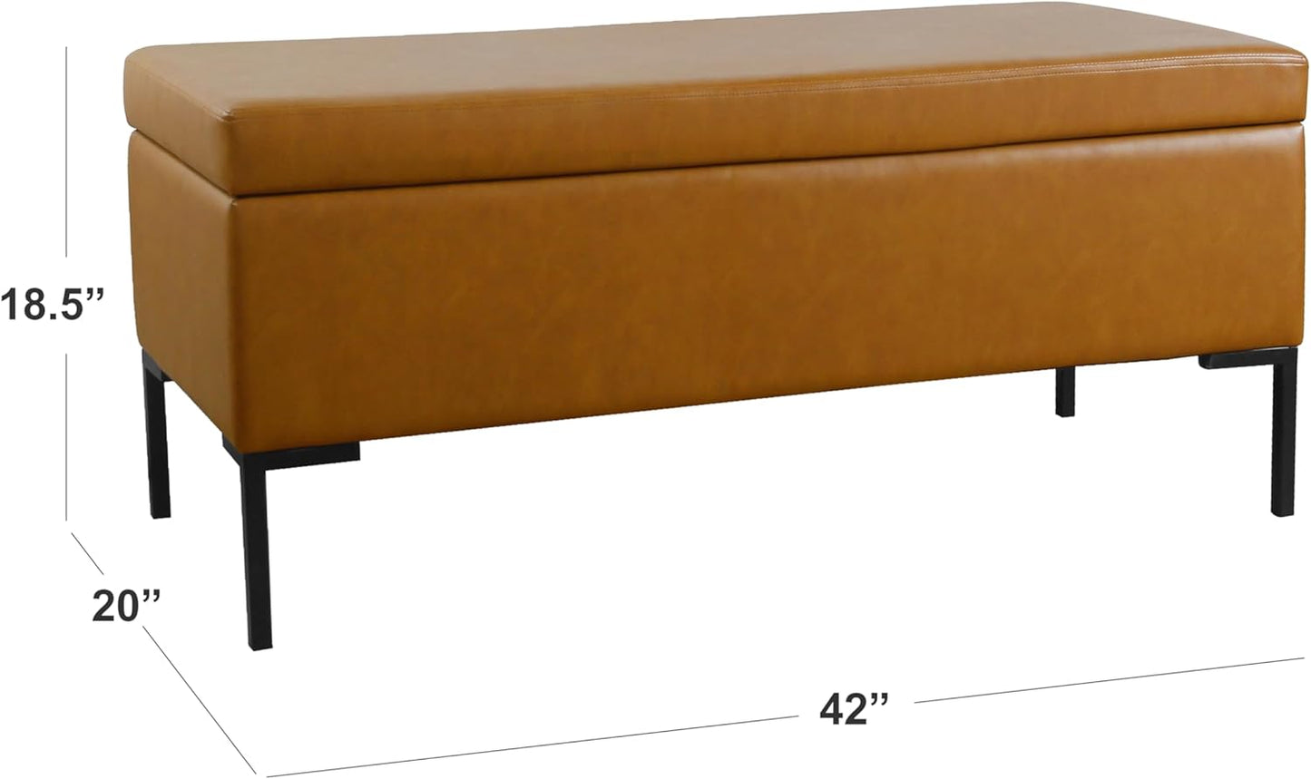 HomePop Upholstered Storage Bench with Metal Leg Home Décor|Bench with Storage for Living Room & Entryway - Faux Leather Brown