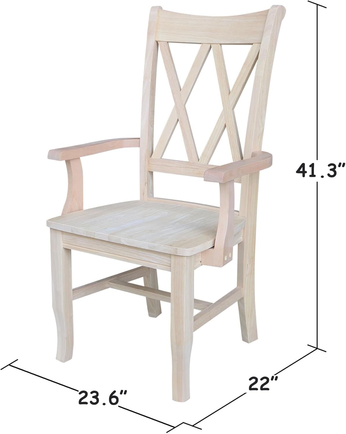 Solid Wood Double X-Back Dining Chair with Arms in Unfinished Parawood, Classic Kitchen/Dining Furniture, Stainable & Paintable, 23.6" W x 22" D x 41.3" H, Wide Arm Width, Traditional & Durable