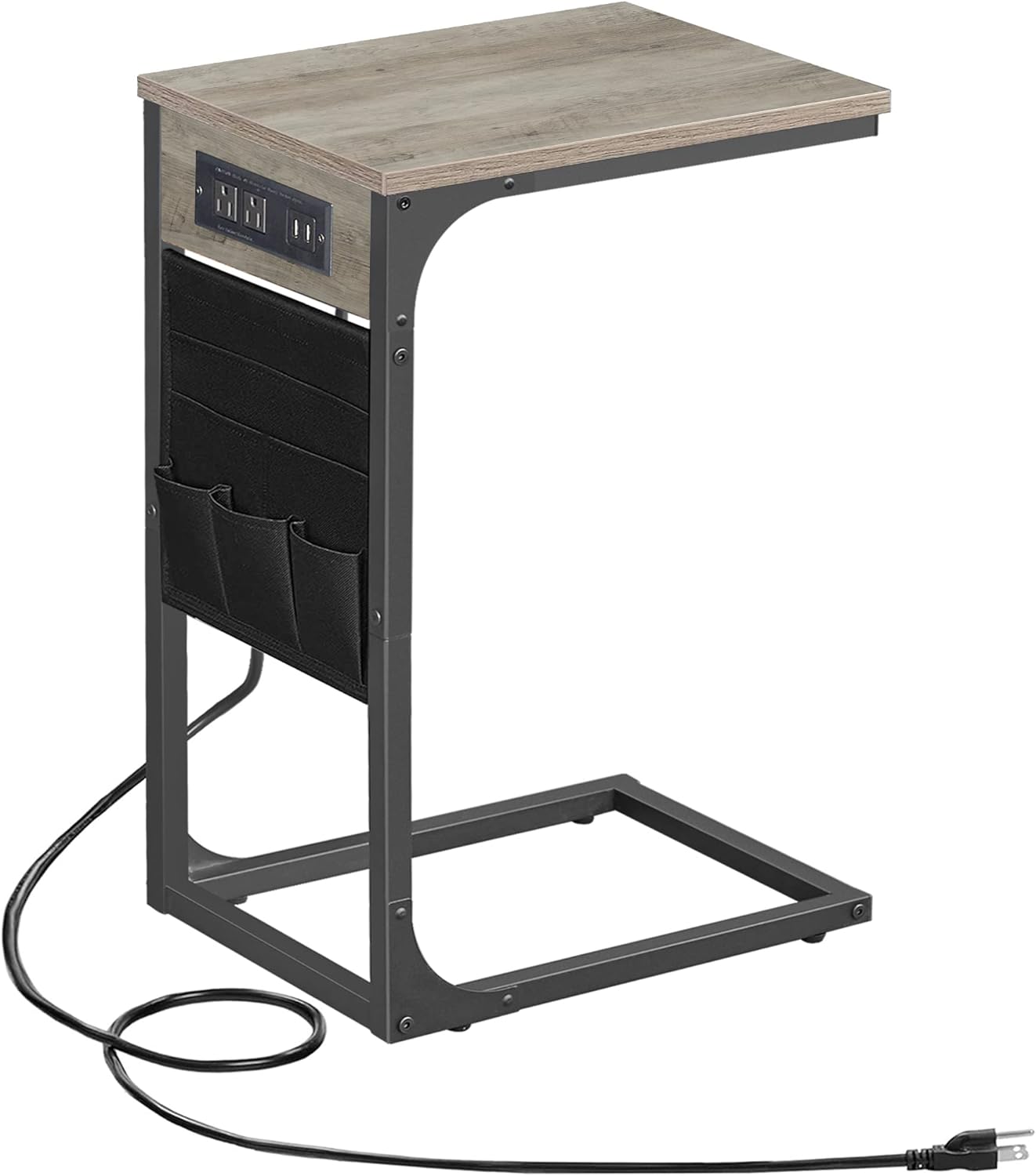TUTOTAK C Shaped End Table with Charging Station, Side Table for Sofa, Couch Table with Storage Bag, TV Tray Table with 2 USB Ports and Outlets for Living Room, Bedroom TB01BG024