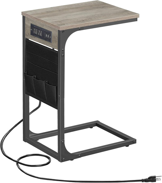 TUTOTAK C Shaped End Table with Charging Station, Side Table for Sofa, Couch Table with Storage Bag, TV Tray Table with 2 USB Ports and Outlets for Living Room, Bedroom TB01BG024