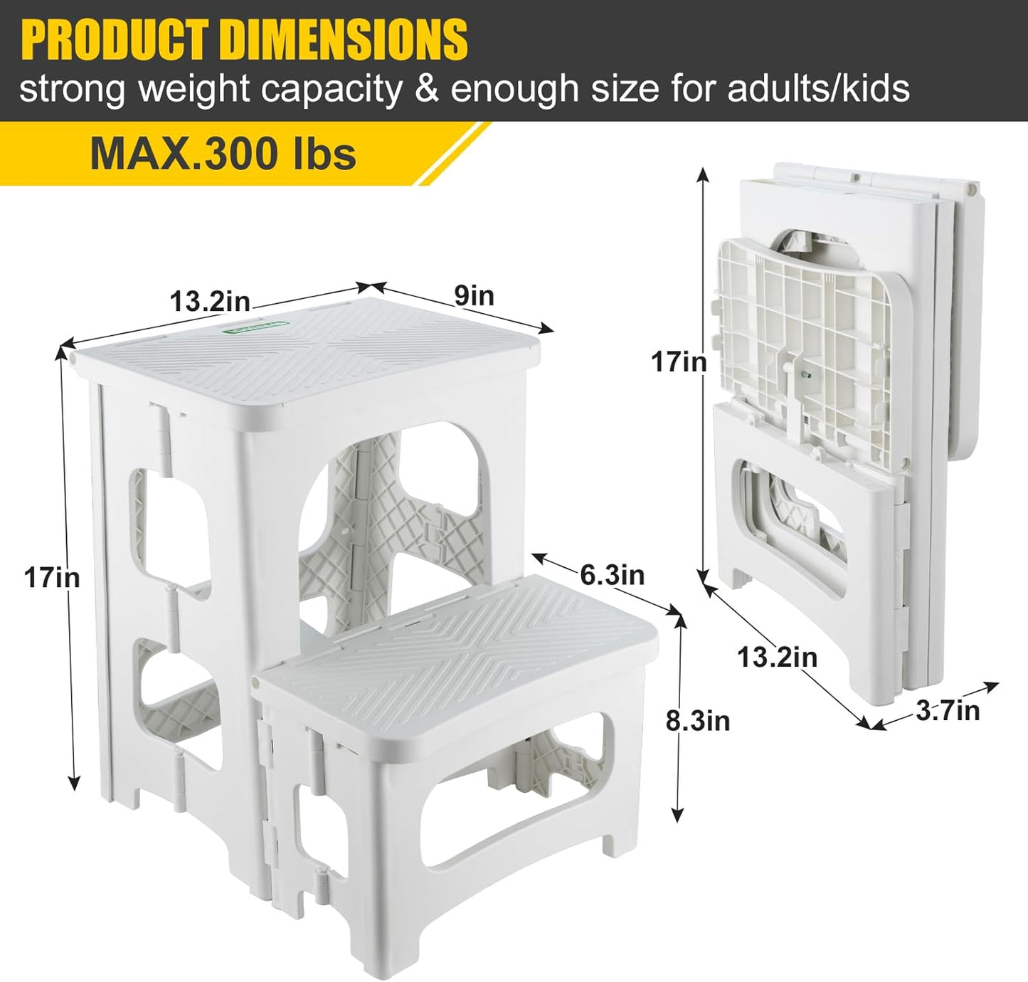 Folding 2-Step Stool for Adults Kids Non-Slip Collapsible Portable Step Stool for Kitchen Home Toilet Bedroom Office Bathroom Rv,Holds 300 Lbs(White)