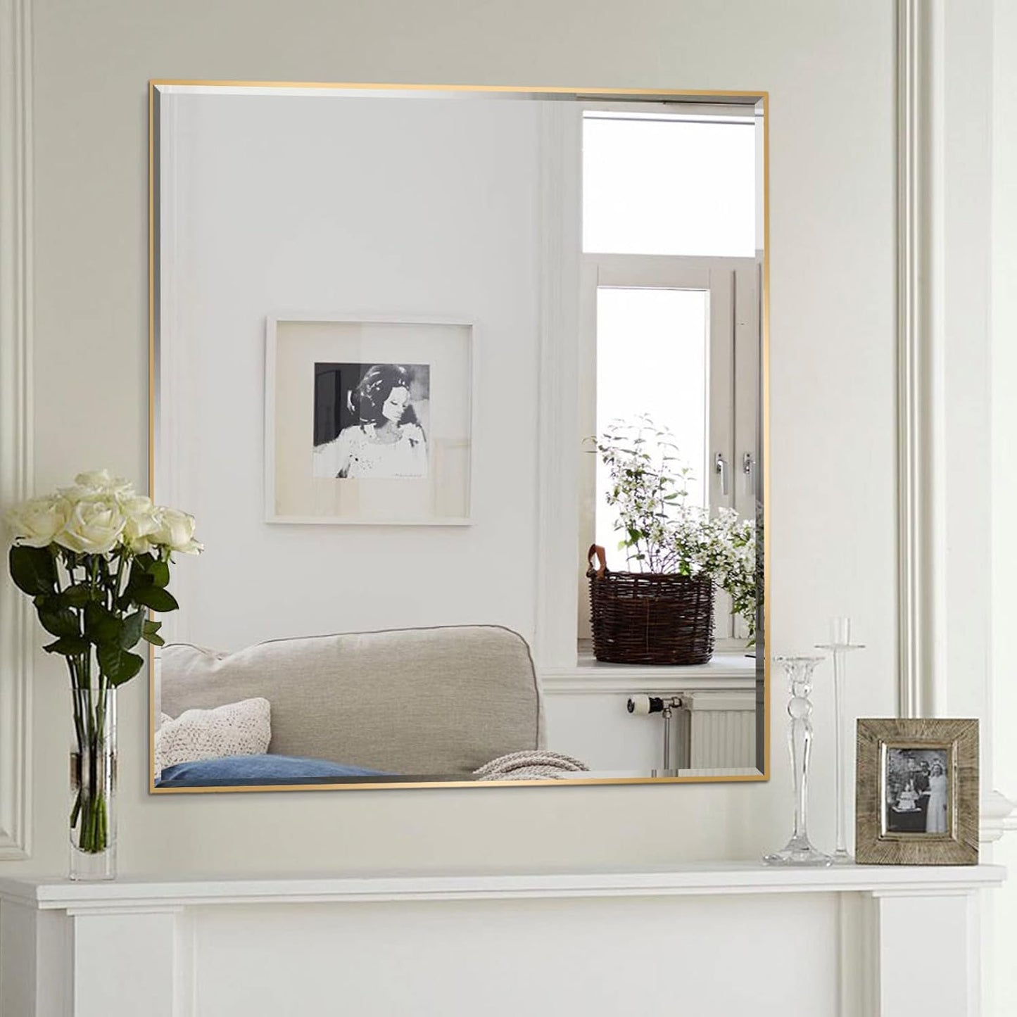 30x36 Inch Gold Mirror with Beveled Trim, Aluminum Frame Bathroom Vanity Mirror, Copper-Free Mirror, Rectangle Wall Mounted Mirror, Modern Rectangular Mirror Horizontal or Vertical