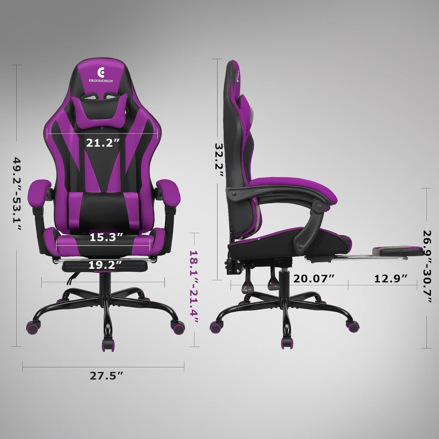 Gaming Chair with Linkage Armrest & Footrest, High Back Video Gaming Chair, Black/Purple