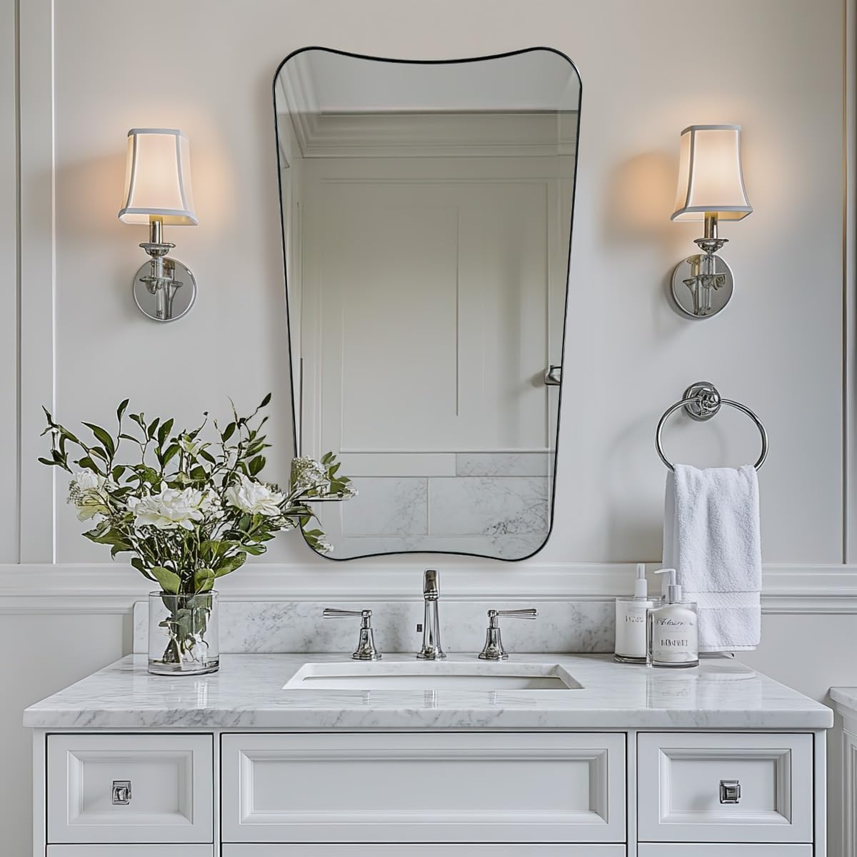 ANDY STAR Brushed Nickel Mirror 24x40 Inch, Silver Irregular Bathroom Mirror, Large Decorative Mirror in Anti-Rust Stainless Steel Metal Frame Deep 1’’, Ideal for Home Decor