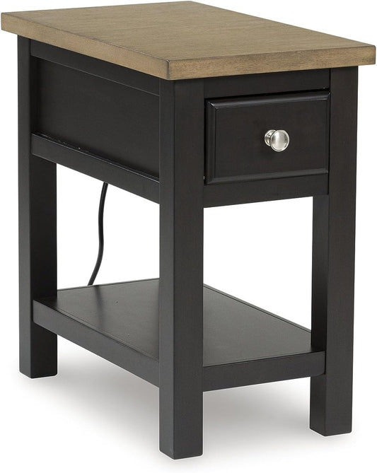 Signature Design by Ashley Drazmine Casual 1 Drawer Chair Side End Table with USB Charging Ports, 1 Lower Shelf and Power Cord, Light Brown & Black
