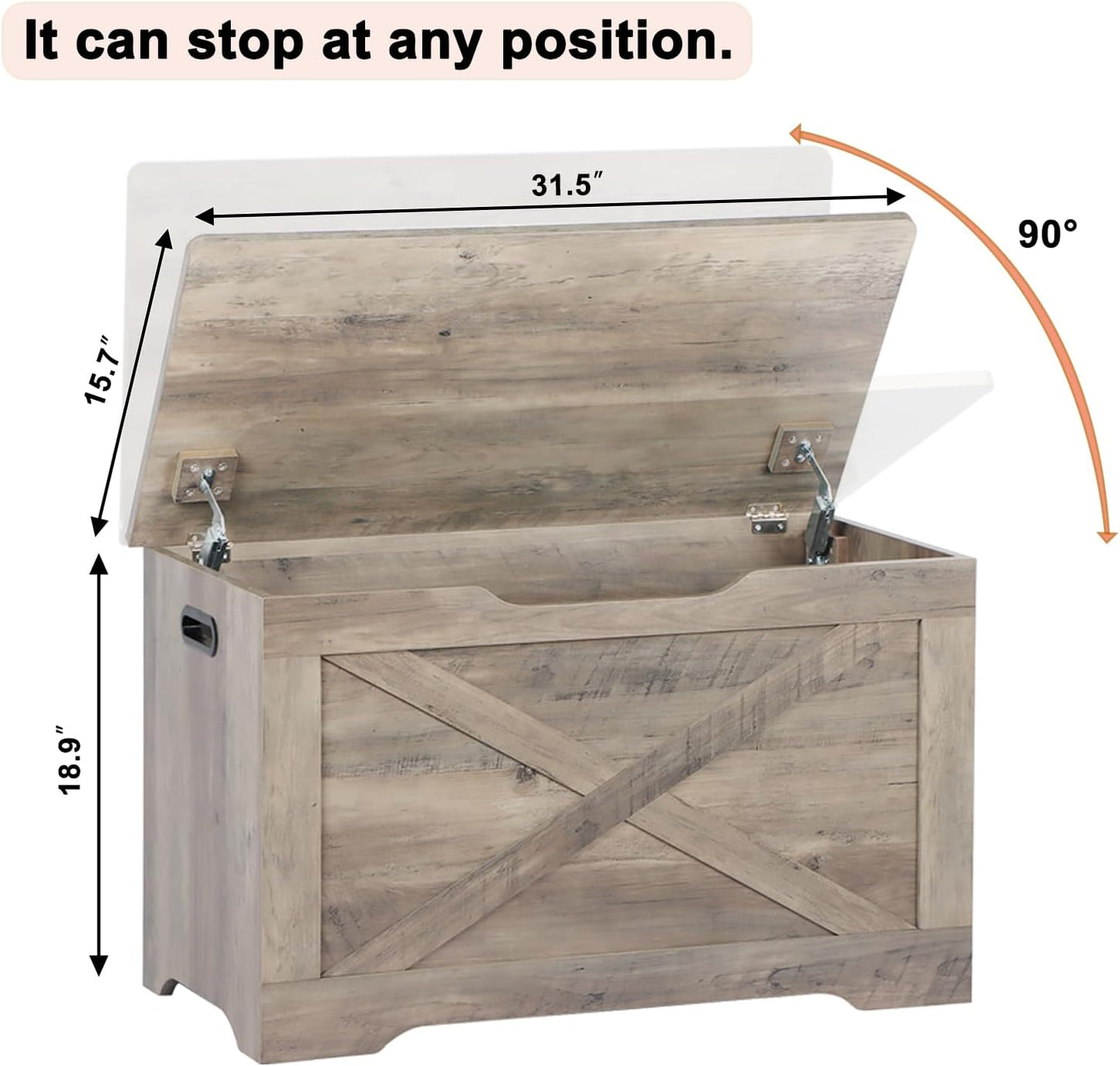 Storage Chest, Wooden Storage Bench, Entryway Shoes Bench with 2 Safety Hinges, Retro Storage Trunk for Living Room,Bedroom, 15.7 x 31.5 x 18.9 Inches, Grey