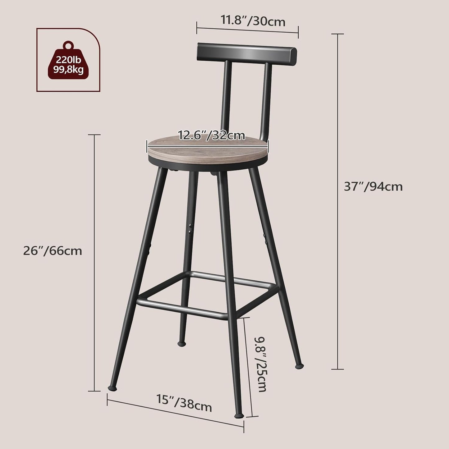 Bar Stools, Set of 2 Bar Chairs with Backrest and Footrest, 26" Tall Counter Stools, Metal Frame, Adjustable Feet, Easy Assembly, for Kitchen, Living Room, Pub, Greige BAHG6001