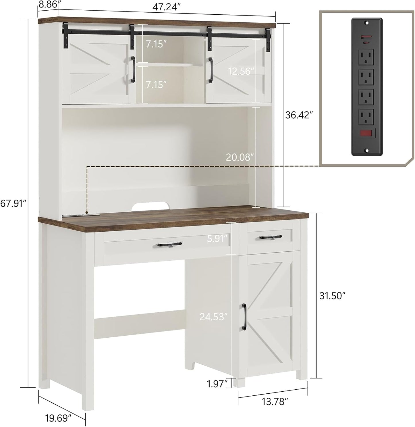 Farmhouse 47" Executive Desk, Computer Desk with 2 Drawers and Storage Cabinet, Home Office Desk with Hutch, Charging Hub, Workspace for Work and Study, Antique White