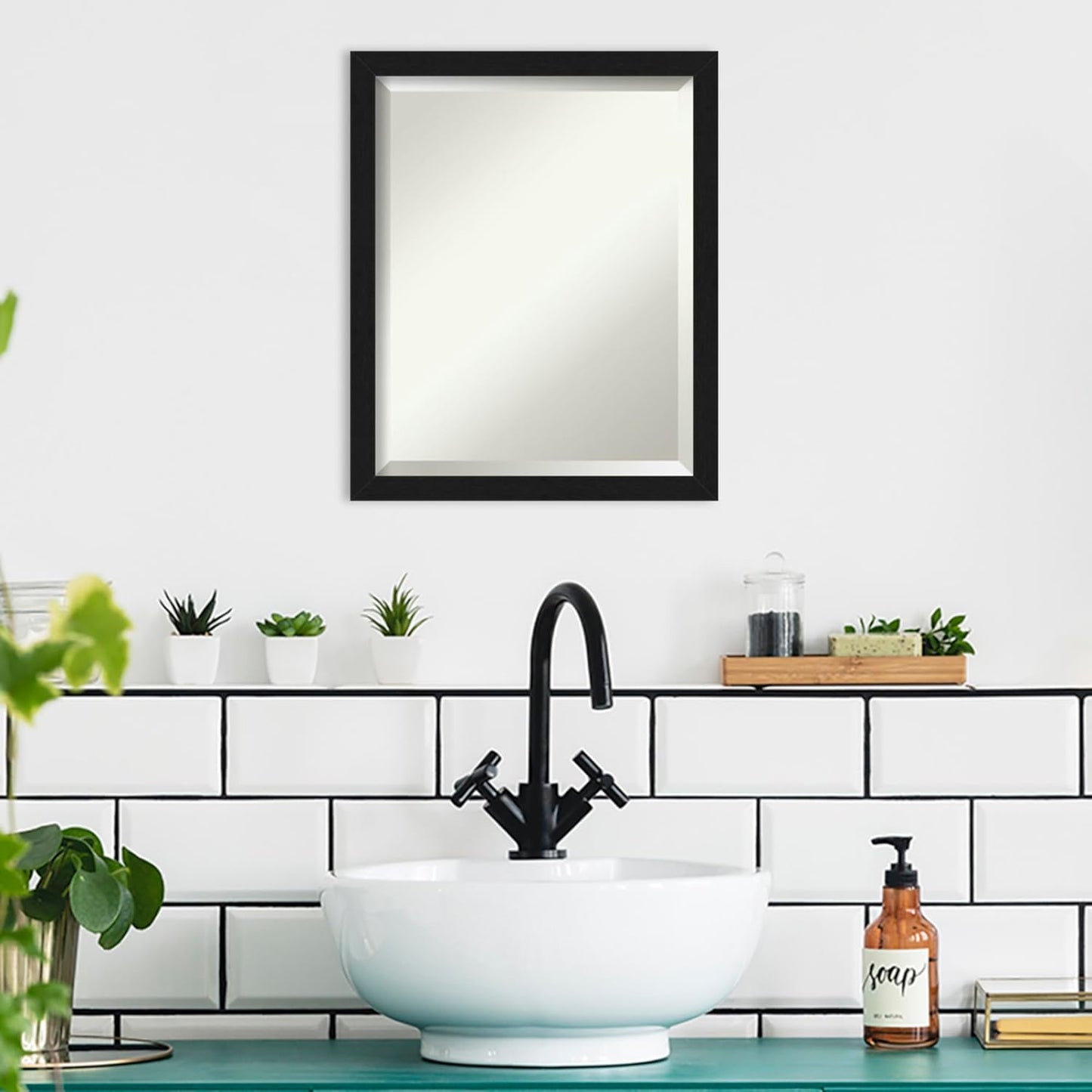 Amanti Art Black Bathroom Mirror for Over Sink, 22x18 Grace Brushed Metallic Black Narrow Rectangle Vanity Mirror, Small Modern Frame, Hangs Horizonally and Vertically, Bathroom Wall Decor