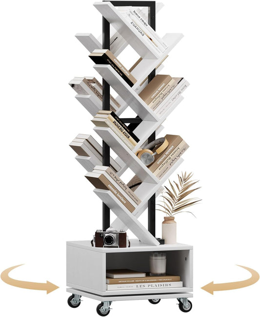 7 Tier Tree-Shaped Rotating Bookshelf, Double Sided, Small Bookcase with Storage Cabinet, Modern Tall Narrow Bookshelves Organizer, Floor Standing Book Shelf for Bedroom/Living Room, White