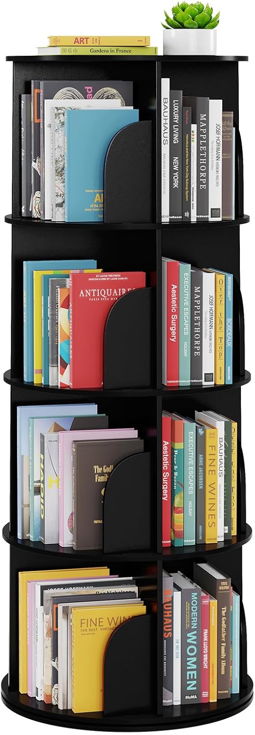 SpaceAid 4 Tier Rotating Bookshelf Tower, Spinning Bookcase Lazy Susan, Revolving 360 Book Shelf Storage Round Carousel, Vertical Rotate Turning Spiral Corner Organizer, Black