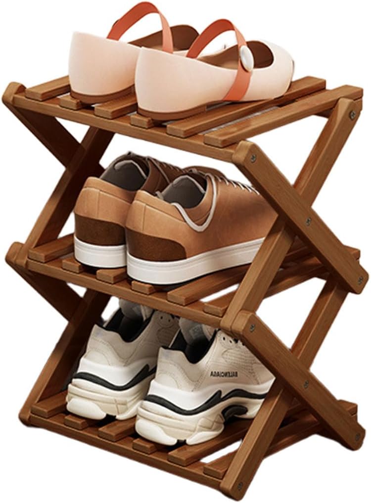 Simcat Wood Shoe Rack Foldable Shoe Organizer Shoe Storage for Small Spaces Free Standing Shelf for Entryway, Bedroom, Garage (3 Tiers,Tawny)