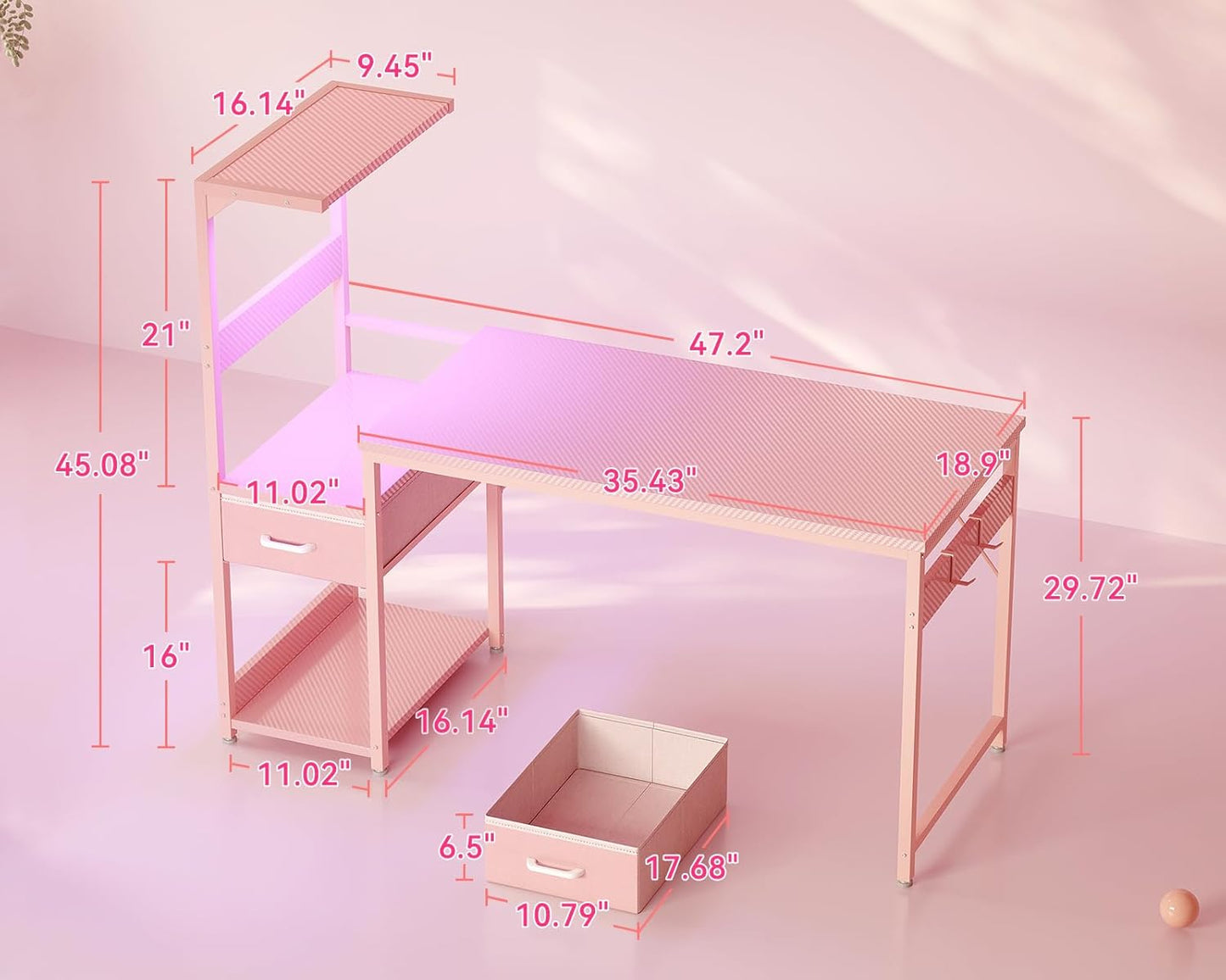 Casaottima 48 Inch Gaming Desk with Storage & LED Lights, Reversible Computer Desk with Display Shelves & Fabric Drawer, Modern Gamer Desk Table with Side Headphone Hook, Carbon Fiber Pink