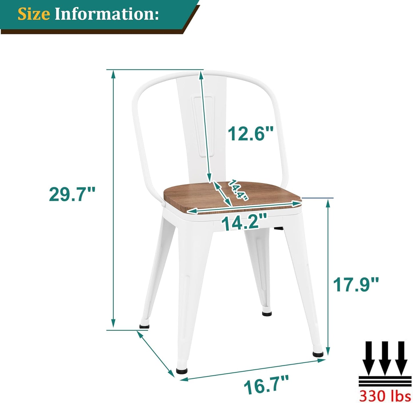 18 Inch Metal Dining Chairs,Arlunar Farmhouse Chairs Set of 4 White Dining Room Chairs Stackable with Back and Wooden Seat bar stools