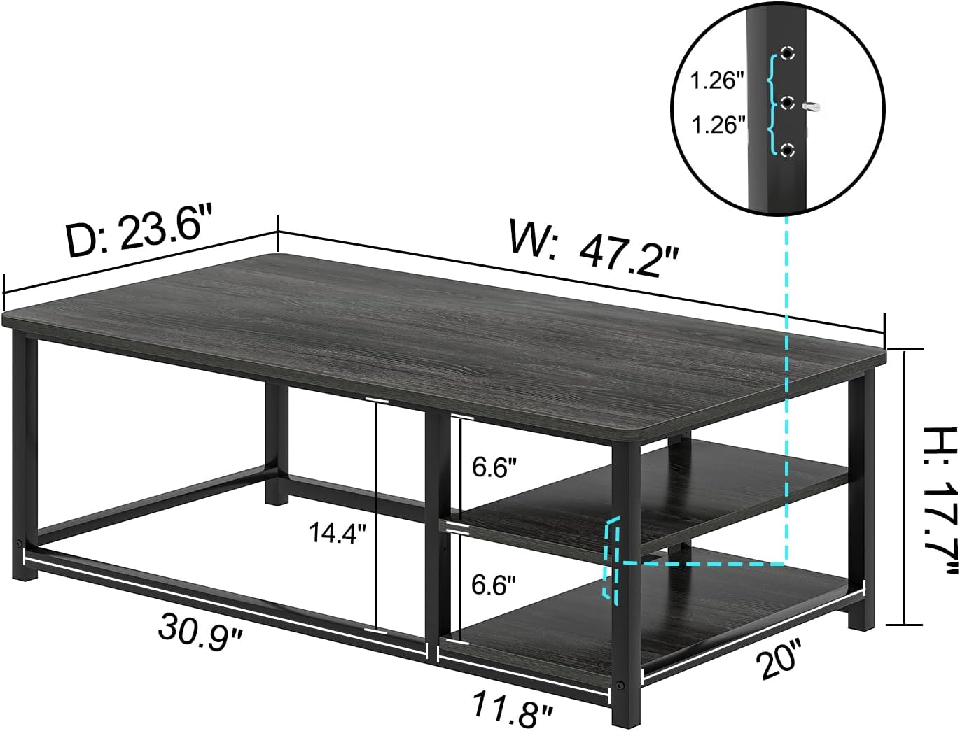 EXCEFUR Coffee Table, Rustic Wood and Metal Living Room Table with Adjustable Storage Shelf, Dark Grey, 47 Inch