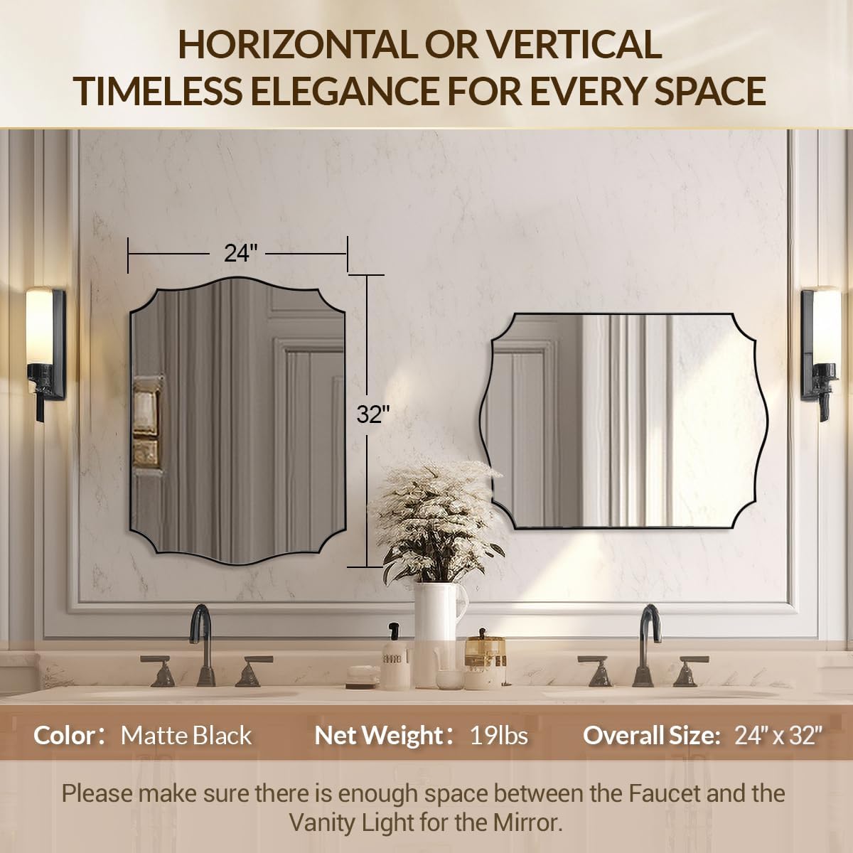 Black Bathroom Mirror, 24x32 Unique Irregular Mirror, Rectangle Mirror with Wavy Edge in Premium Stainless Steel Metal Frame 1" Deep, Wall Mounted Horizontal/Vertical
