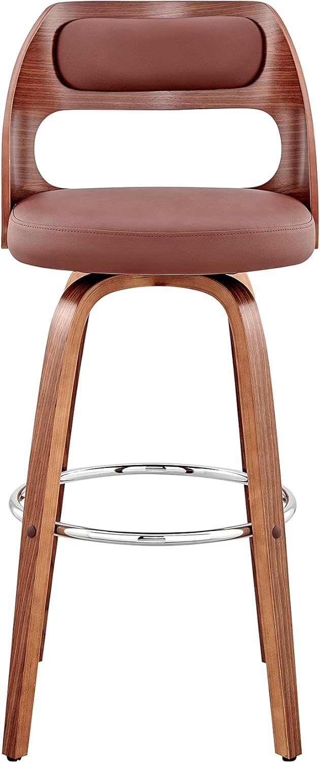 Armen Living Julius Mid Century Modern Swivel Bar Stool for Kitchen Island Counter in Brown Faux Leather and Walnut Wood, 26" Seat Height