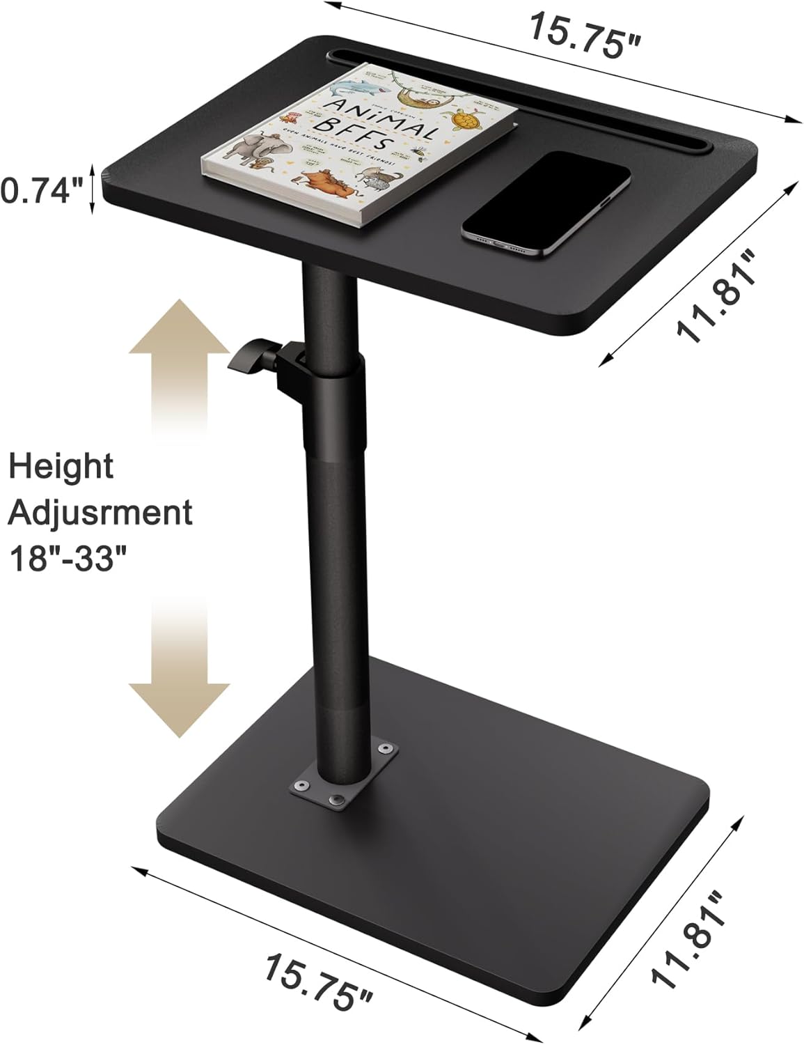 Sofa Armrest Tray Table for Couch - 360° Swivel Height Adjustable End for Small Spaces, Snack Side Table for Bed or Chair with Phone & Tablet Slot (Black,Standard)